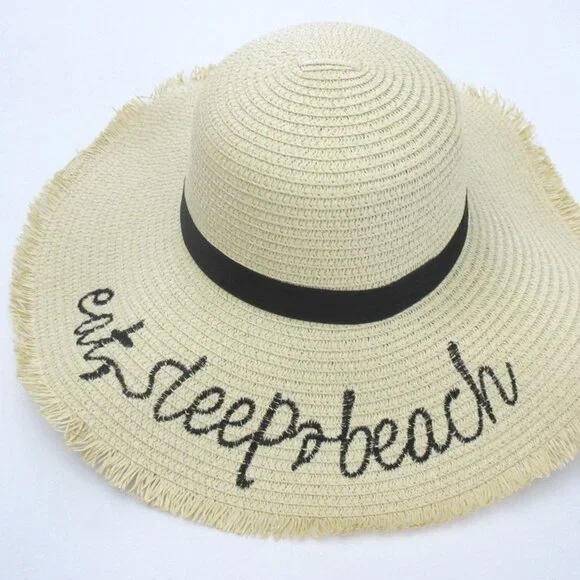 Eat Sleep Beach Embroidered Wide Brim Straw Sun Hat Frayed Beige Collapsible NEW - Picture 1 of 4
